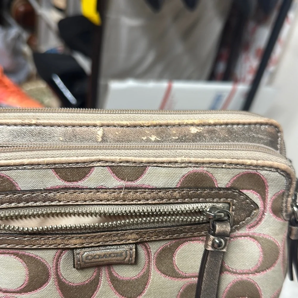 Coach Tan and Pink Signature Wristlet Clutch